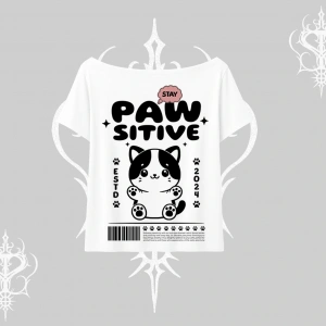Paw Sitive Kedi Arka Baskılı Kayık Yaka Tshirt
