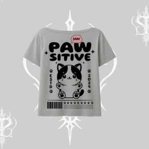 Paw Sitive Kedi Arka Baskılı Kayık Yaka Tshirt