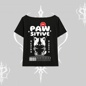 Paw Sitive Kedi Arka Baskılı Kayık Yaka Tshirt