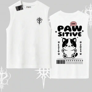 Paw Sitive Kedi Arka Baskılı Kolsuz Tshirt