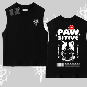 Paw Sitive Kedi Arka Baskılı Kolsuz Tshirt