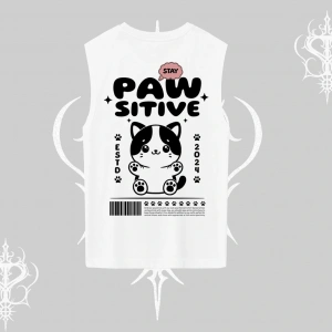 Paw Sitive Kedi Arka Baskılı Kolsuz Tshirt