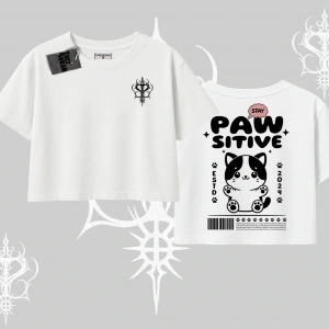 Paw Sitive Kedi Arka Baskılı Oversize Crop Tshirt