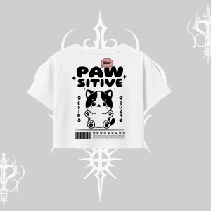 Paw Sitive Kedi Arka Baskılı Oversize Crop Tshirt