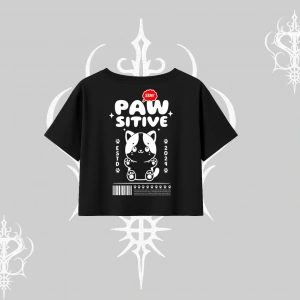 Paw Sitive Kedi Arka Baskılı Oversize Crop Tshirt