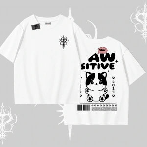Paw Sitive Kedi Arka Baskılı Oversize Tshirt
