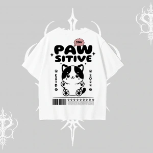 Paw Sitive Kedi Arka Baskılı Oversize Tshirt