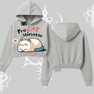 Paws Off Yazılı Kedi Baskılı Streetwear Kapşonlu Crop Sweatshirt