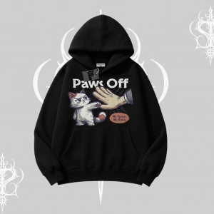 Paws Off Yazılı Kedi Baskılı Streetwear Kapşonlu Sweatshirt