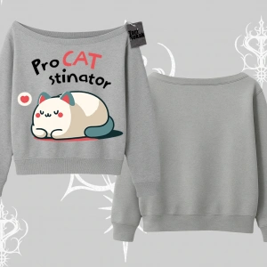 Paws Off Yazılı Kedi Baskılı Streetwear Kayık Yaka Sweatshirt