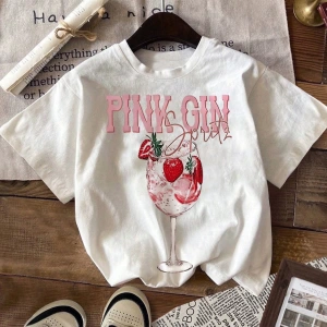PINK GIN SPRITZ Y2K Desen Kadın Rahat Yuvarlak Yaka Kısa Kollu Tişört