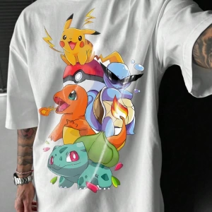 pokemon Erkek Karikatür Baskılı Yuvarlak Yaka Kısa Kollu Günlük Tişört