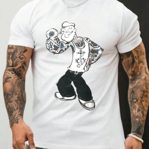 Popeye Collab Erkek Günlük Karikatür Baskılı Kısa Kollu Gömlek, Yaz