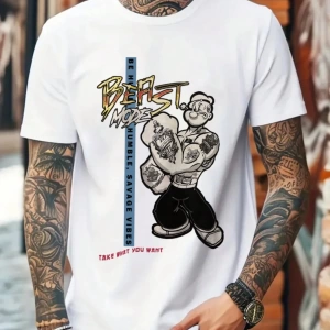 Popeye Collab Erkek Günlük Karikatür Baskılı Kısa Kollu Tişört, Yaz