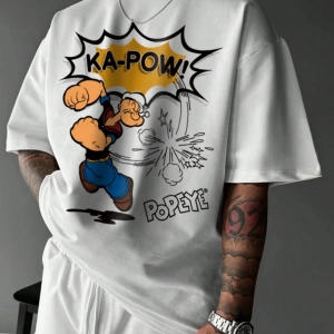 Popeye Collab Erkek Günlük Karikatür Baskılı Kısa Kollu Tişört, Yaz