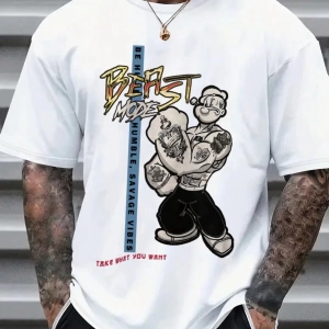 Popeye Collab Erkek Günlük Karikatür Baskılı Kısa Kollu Tişört, Yaz