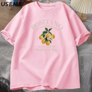 Positano Limon T-shirt İtalyan Limon Baskılı Pamuklu kısa kollu tişört Tees Büyük Boy Üstleri 2943