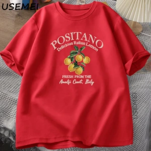 Positano Limon T-shirt İtalyan Limon Baskılı Pamuklu kısa kollu tişört Tees Büyük Boy Üstleri 2943