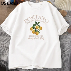 Positano Limon T-shirt İtalyan Limon Baskılı Pamuklu kısa kollu tişört Tees Büyük Boy Üstleri 2943