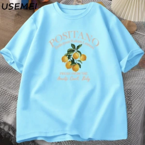 Positano Limon T-shirt İtalyan Limon Baskılı Pamuklu kısa kollu tişört Tees Büyük Boy Üstleri 2943