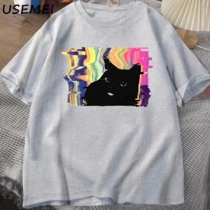Psychedelic Kedi T Shirt Erkekler Kadınlar için Vaporwave Estetik T-shirt Harajuku Punk Tshir 3015