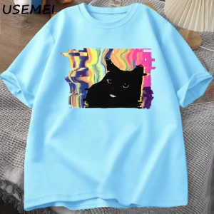 Psychedelic Kedi T Shirt Erkekler Kadınlar için Vaporwave Estetik T-shirt Harajuku Punk Tshir 3015