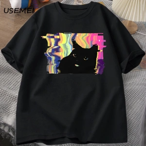 Psychedelic Kedi T Shirt Erkekler Kadınlar için Vaporwave Estetik T-shirt Harajuku Punk Tshir 3015