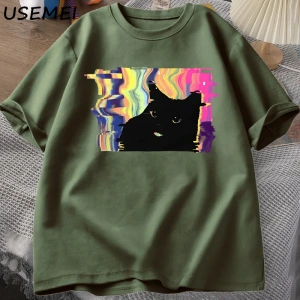 Psychedelic Kedi T Shirt Erkekler Kadınlar için Vaporwave Estetik T-shirt Harajuku Punk Tshir 3015
