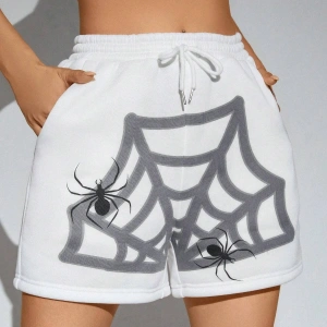 PUNK Halloween Spider Web Print Drawstring Waist Şort