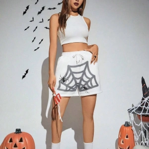 PUNK Halloween Spider Web Print Drawstring Waist Şort