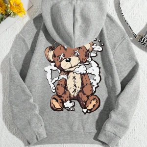 Qutie Ayı Baskı Kanguru Cepli İpli Kapşonlu Gri