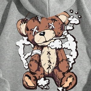 Qutie Ayı Baskı Kanguru Cepli İpli Kapşonlu Gri