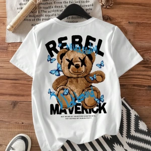 Rahat Minimalist Karikatür Ayı Desenli Bol Kesim Mürettebat Yaka Kısa Kollu Kadın Ti