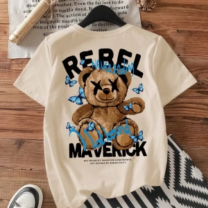Rahat Minimalist Karikatür Ayı Desenli Bol Kesim Mürettebat Yaka Kısa Kollu Kadın Ti
