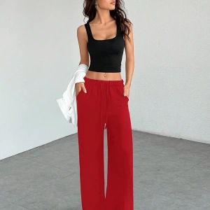 Rahat ve Günlük Düz Renk Örme Geniş Paça Kadın Eşofman Altı