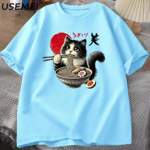 Ramen Kedi T-Shirt Erkek Kadın Japon Foodie Tee Komik Kedi Şehriye T-Shirt Komik Kitty Ramen  3010