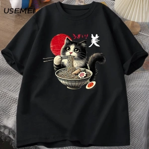 Ramen Kedi T-Shirt Erkek Kadın Japon Foodie Tee Komik Kedi Şehriye T-Shirt Komik Kitty Ramen  3010