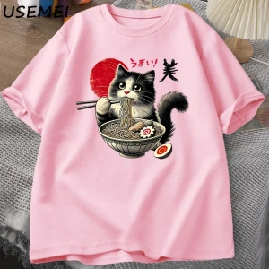 Ramen Kedi T-Shirt Erkek Kadın Japon Foodie Tee Komik Kedi Şehriye T-Shirt Komik Kitty Ramen  3010