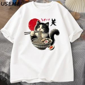 Ramen Kedi T-Shirt Erkek Kadın Japon Foodie Tee Komik Kedi Şehriye T-Shirt Komik Kitty Ramen  3010