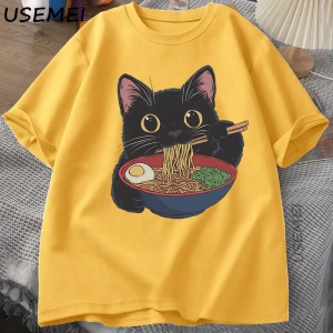 Ramen Kedi Tshirt Japon Tarzı Kedi Sevgilisi T-Shirt Kawaii Karikatür Pamuk Kısa Kollu T Shir 2863