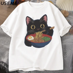Ramen Kedi Tshirt Japon Tarzı Kedi Sevgilisi T-Shirt Kawaii Karikatür Pamuk Kısa Kollu T Shir 2863