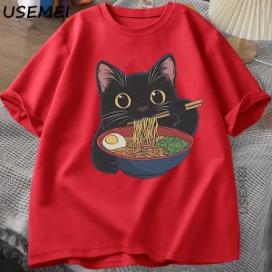 Ramen Kedi Tshirt Japon Tarzı Kedi Sevgilisi T-Shirt Kawaii Karikatür Pamuk Kısa Kollu T Shir 2863