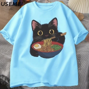 Ramen Kedi Tshirt Japon Tarzı Kedi Sevgilisi T-Shirt Kawaii Karikatür Pamuk Kısa Kollu T Shir 2863