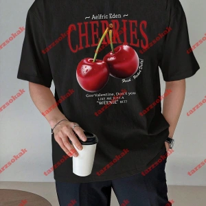 Red Cherries Baskılı Oversize Unisex Tshirt Beyaz