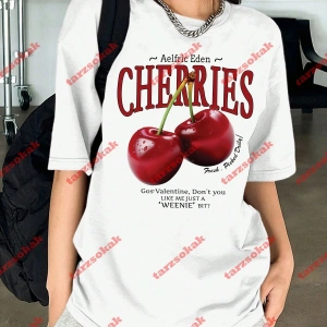 Red Cherries Baskılı Oversize Unisex Tshirt Beyaz