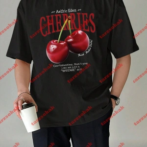 Red Cherries Baskılı Oversize Unisex Tshirt Beyaz