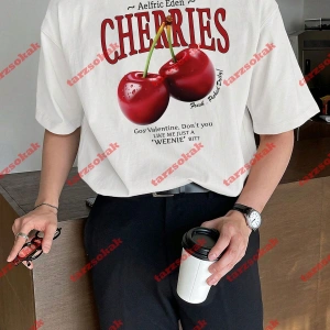 Red Cherries Baskılı Oversize Unisex Tshirt Beyaz