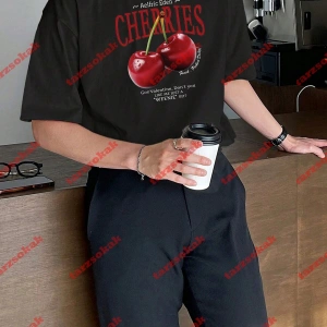 Red Cherries Baskılı Oversize Unisex Tshirt Beyaz