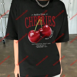 Red Cherries Baskılı Oversize Unisex Tshirt Beyaz