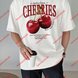 Red Cherries Baskılı Oversize Unisex Tshirt Beyaz